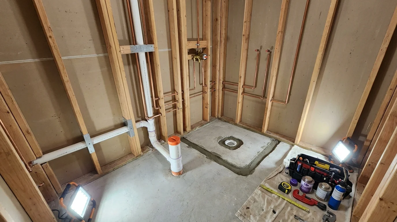 Bathroom rough-in plumbing during remodel by Johns Plumbing LLC in West Milton