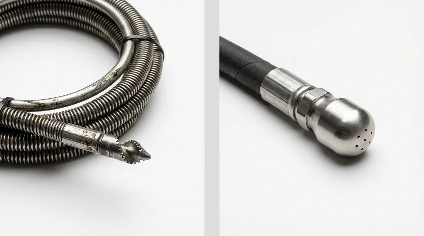 Drain snake cable and hydro jetting nozzle used for drain cleaning in West Milton, OH