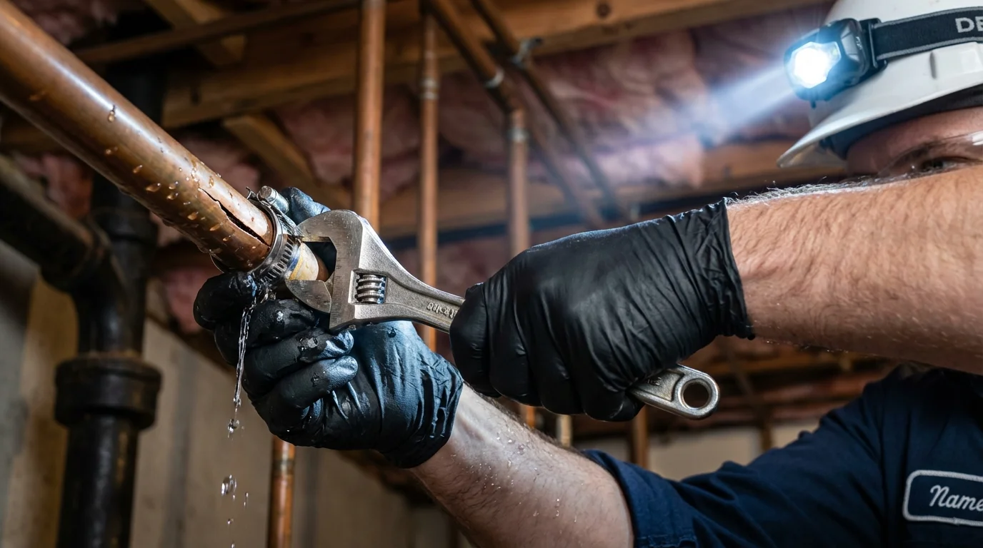 Emergency pipe clamp repair being performed by a Johns Plumbing LLC plumber in West Milton
