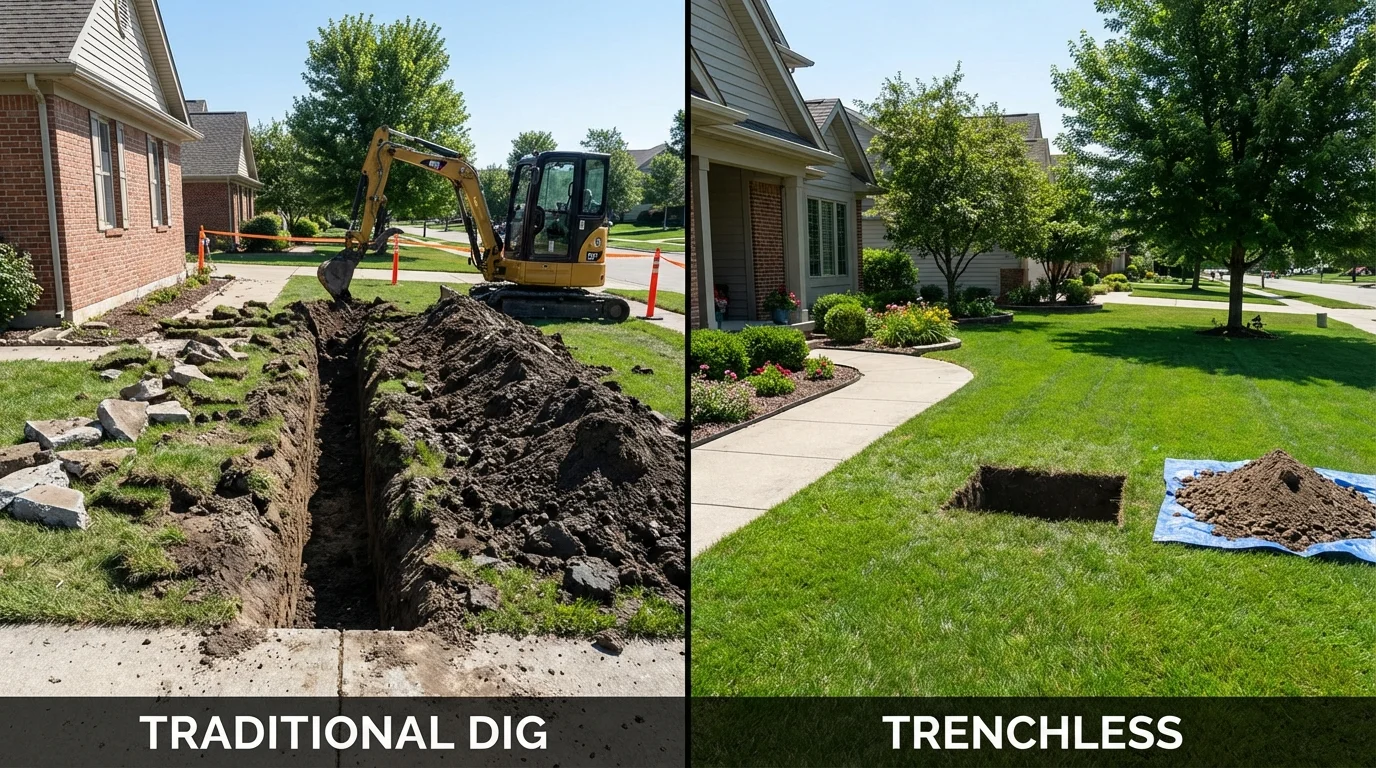Trenchless sewer repair with minimal yard damage versus traditional excavation in West Milton, OH