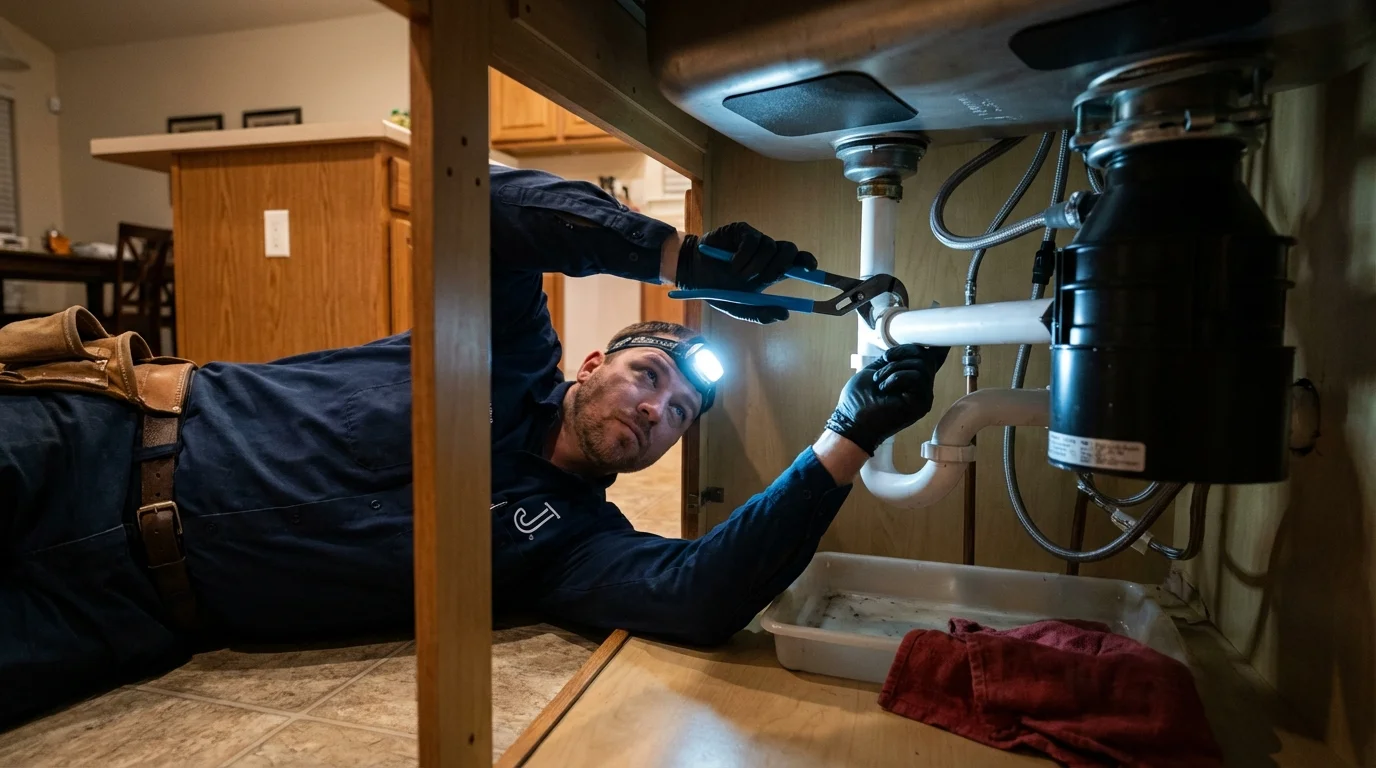 P-trap and supply line connections under a kitchen sink showing a common leak point in West Milton, OH